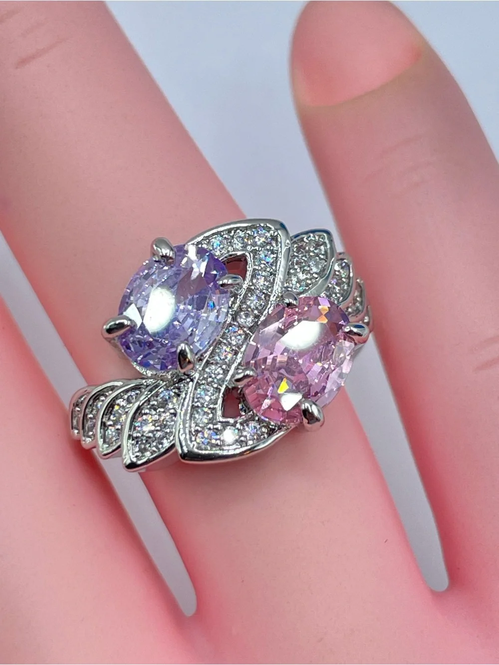 Swarovski Crystal Elements Pink Purple Crystal Art Deco Statement Ring Silver